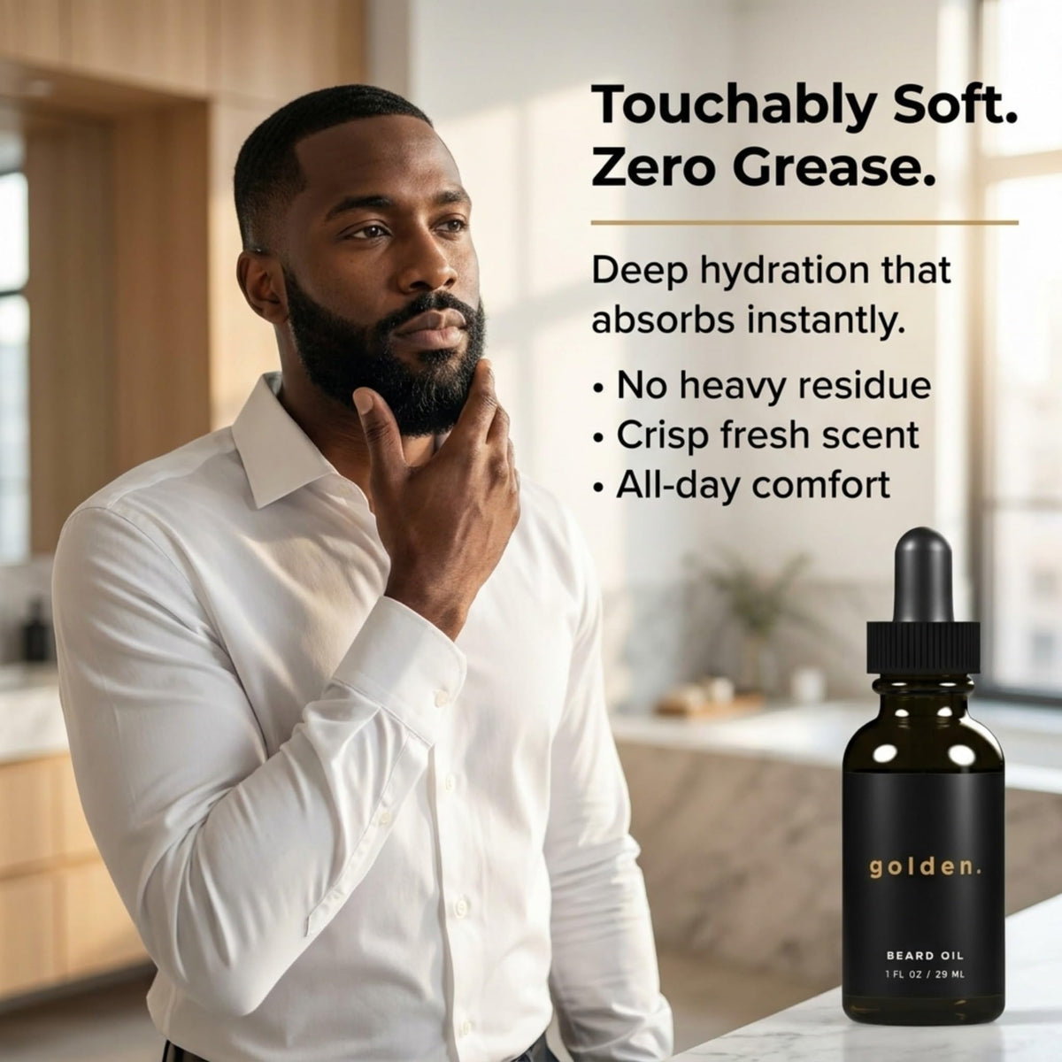 Golden Grooming Beard Oil applied to beard for smooth, nourished look