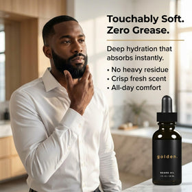 Golden Grooming Beard Oil applied to beard for smooth, nourished look