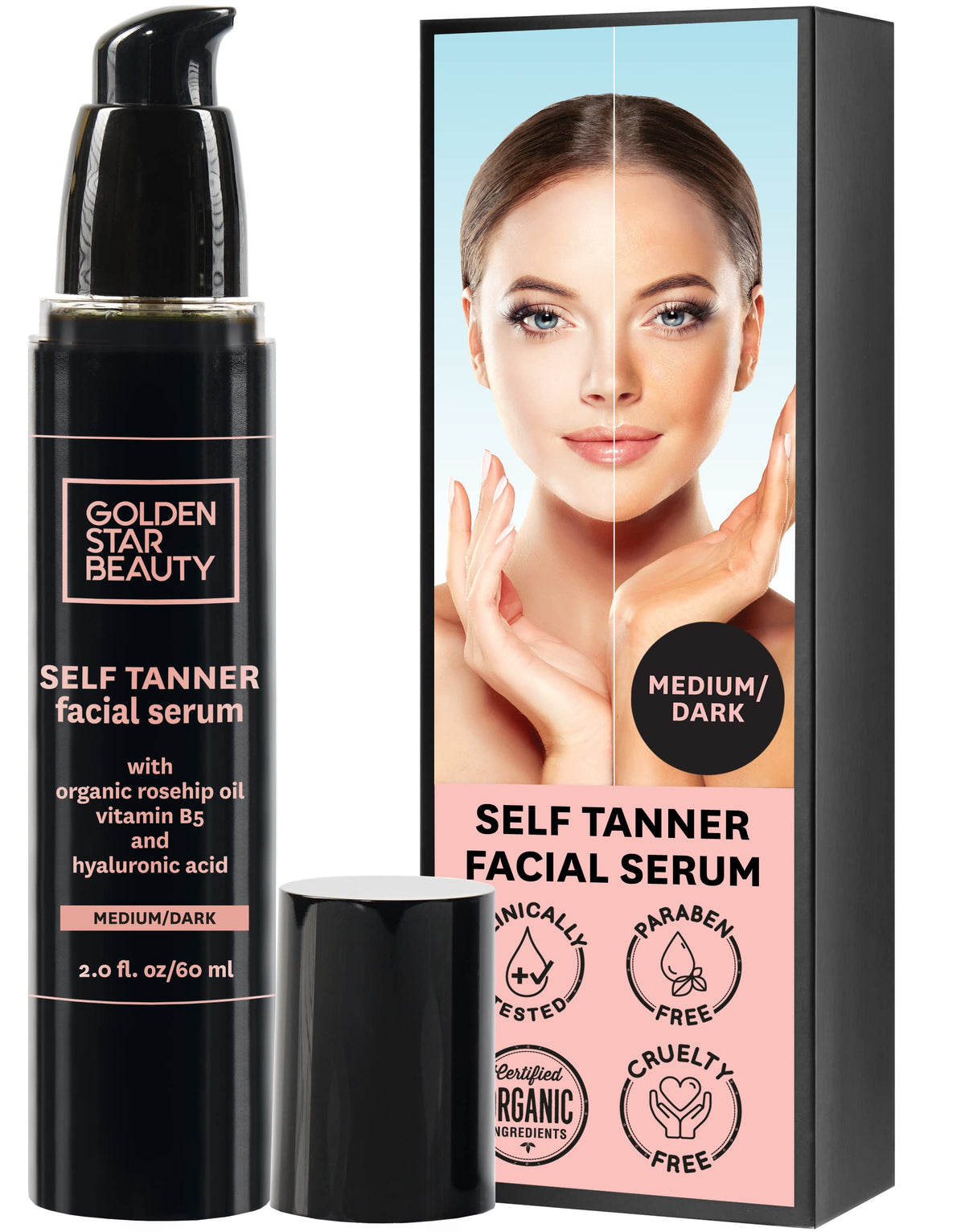 Golden Star Beauty Face Tanner bottle pour shows streak-free natural glow.