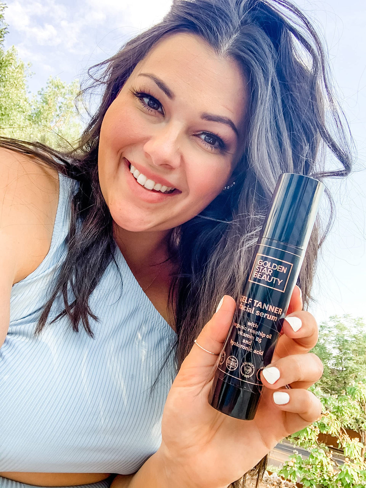 No orange tint with Golden Star Beauty Face Tanner for natural glow.