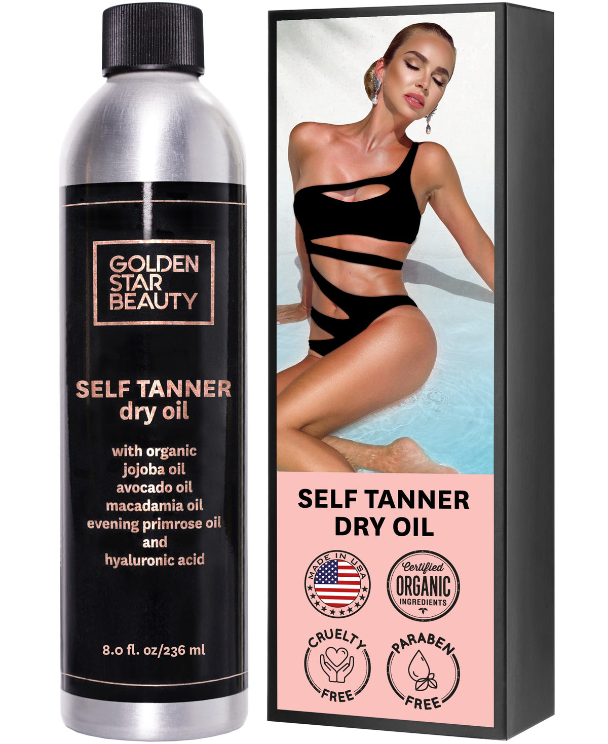 Golden Star Beauty Self Tanner Oil bottle showing a clear sunless tan option
