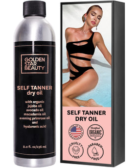 Golden Star Beauty Self Tanner Oil bottle showing a clear sunless tan option