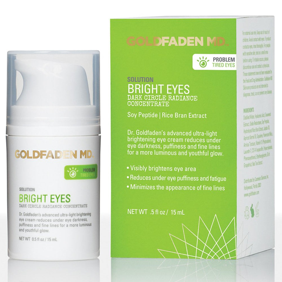 Goldfaden MD Bright Eyes bottle close-up showing brightening eye cream benefits