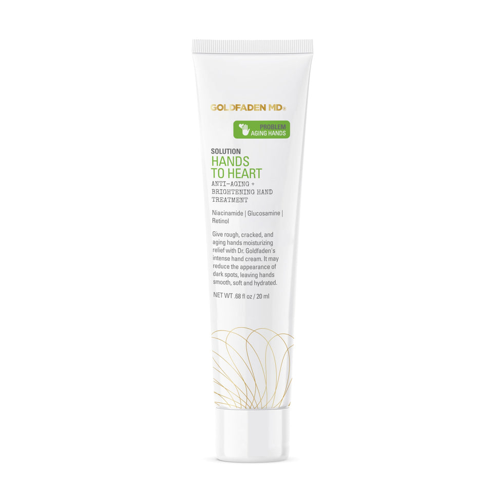 GOLDFADEN MD Hands to Heart bottle close-up highlighting hydrating, anti-aging hand care.