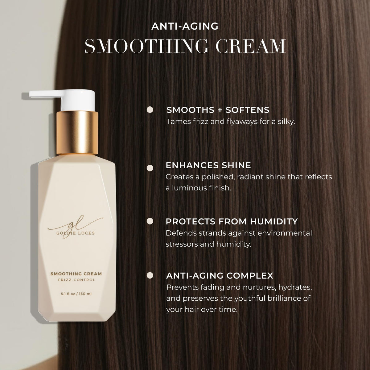 Goldie Locks Anti-Frizz Smoothing Cream applied to hair for easier styling.