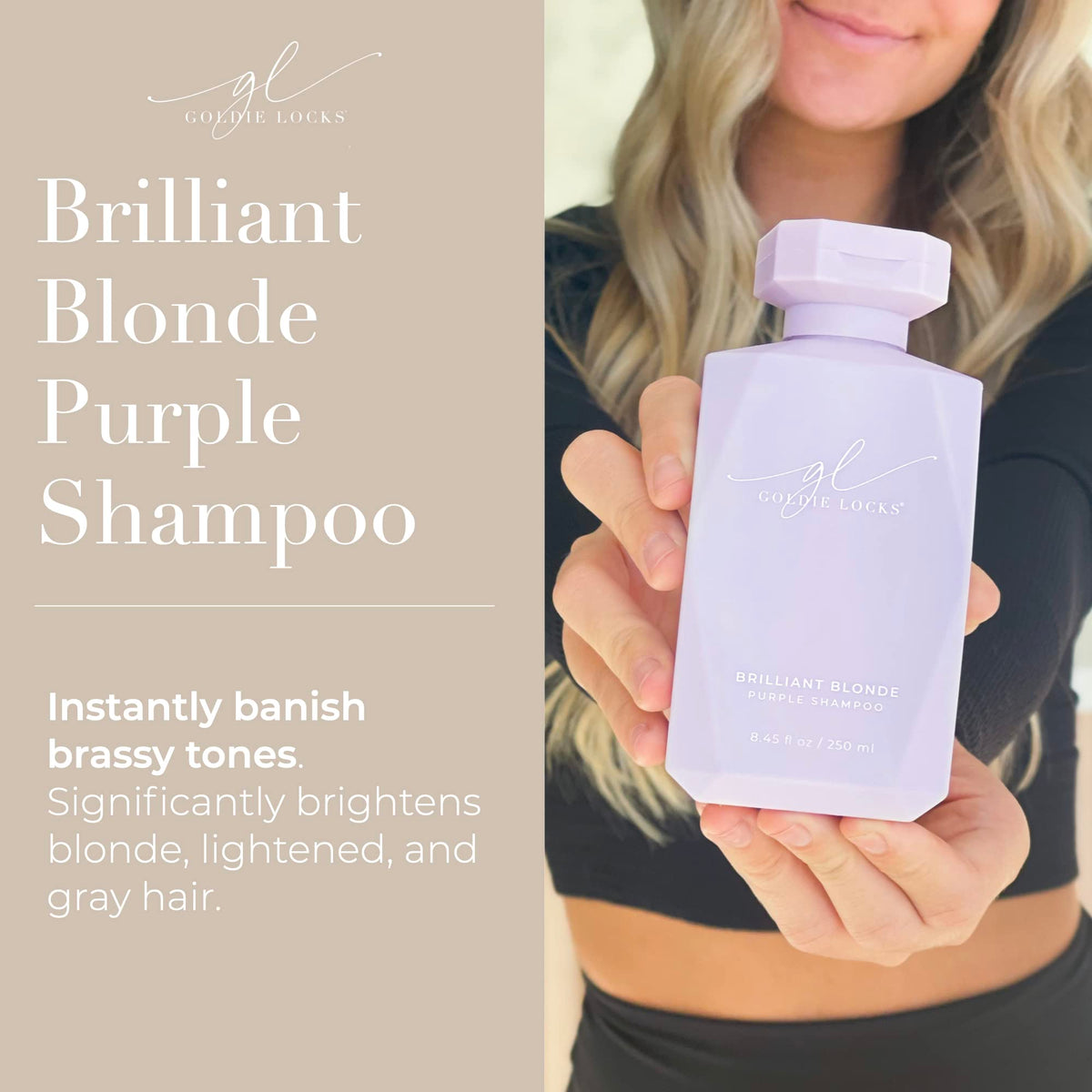 Goldie Locks Brilliant Blonde Purple Shampoo pour stream delivering gentle sulfate-free cleansing