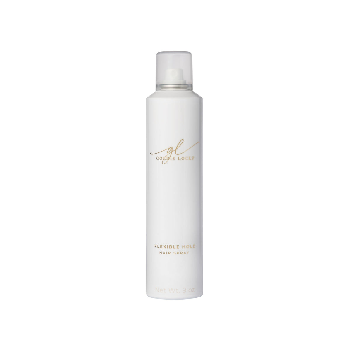 Goldie Locks flexible hold hairspray bottle front view showing lightweight, all-day hold