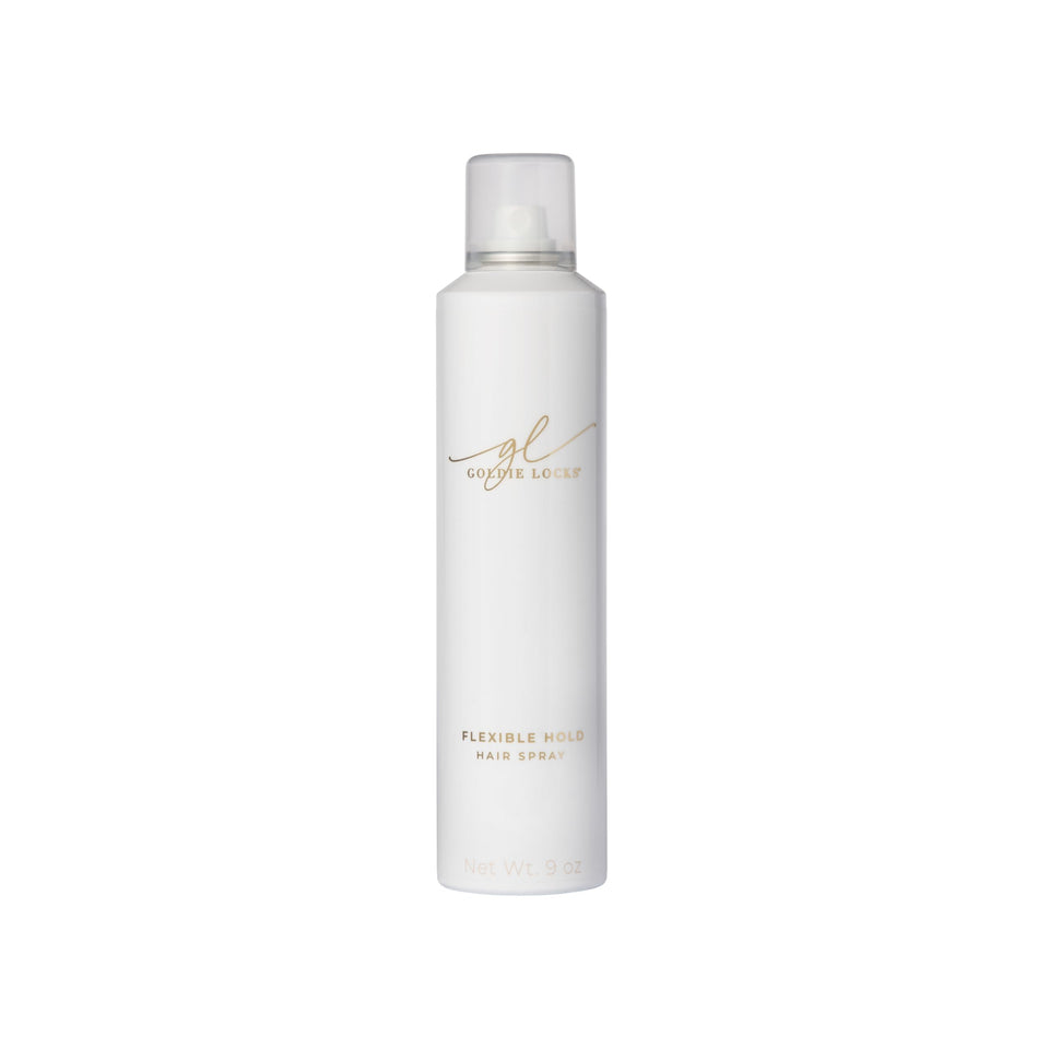Goldie Locks flexible hold hairspray bottle front view showing lightweight, all-day hold
