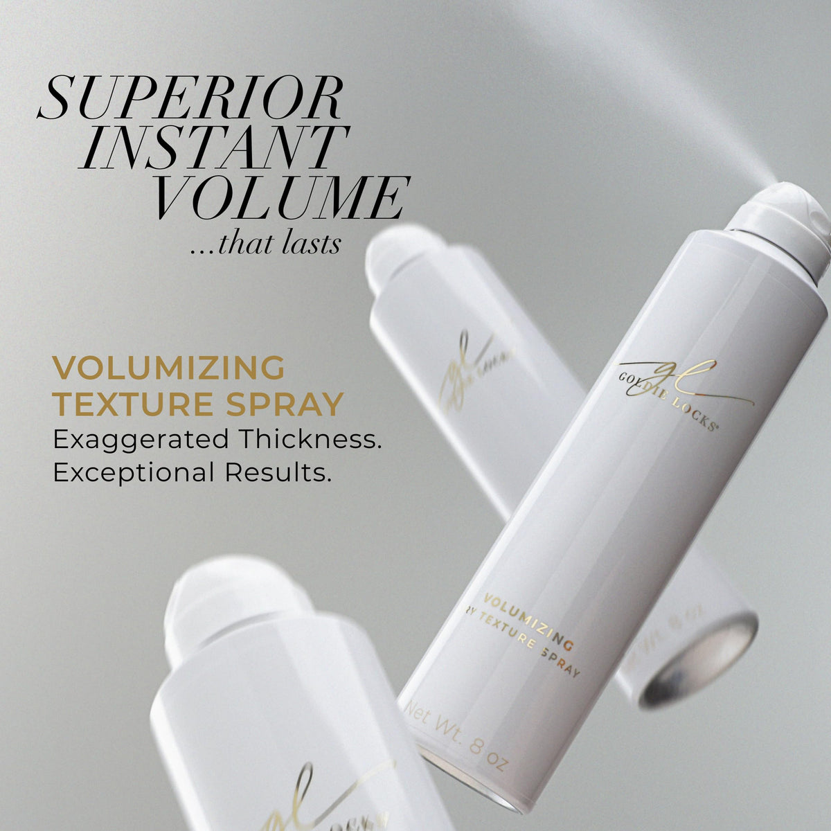 Goldie Locks texture spray application on hair showing instant lift and fullness