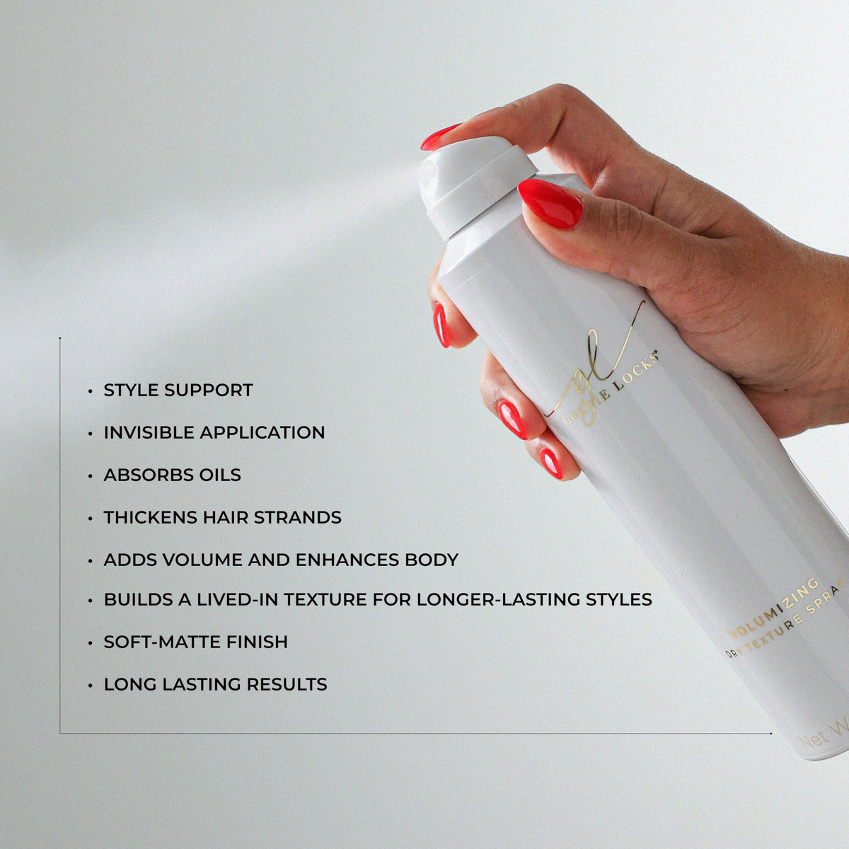 Goldie Locks travel-size bottle close-up highlighting matte finish and clean formula