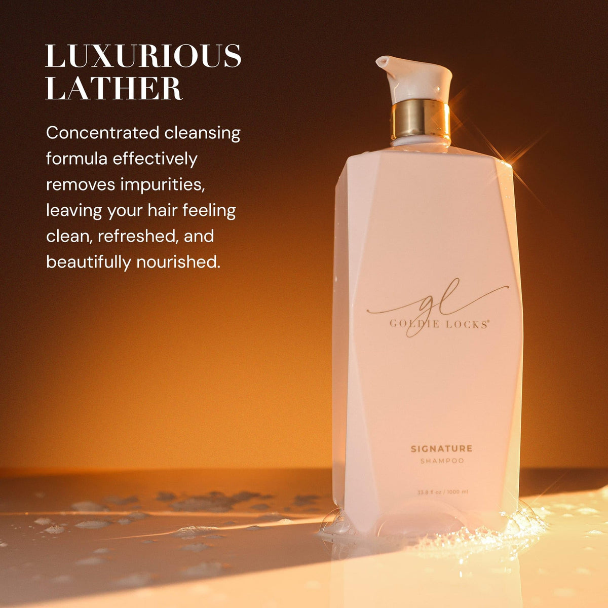 Goldie Locks Ultra Hydrating Shampoo pump dispenser on a clean vanity.