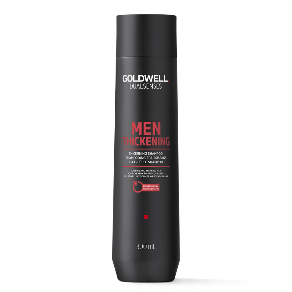Goldwell DualSenses Men Thickening Shampoo bottle close-up for fuller hair