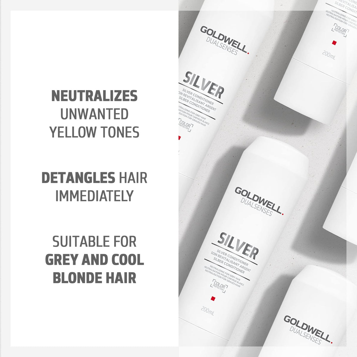 Goldwell Dualsenses Silver Conditioner with Luminescine boosts color brilliance for cool tones.