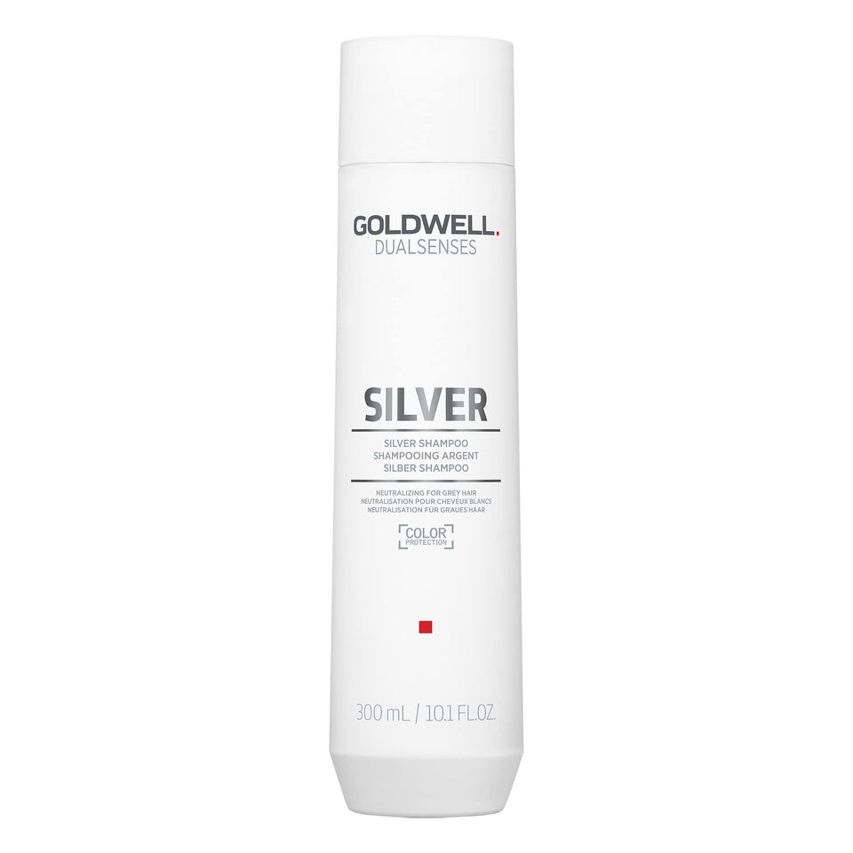 Goldwell Dualsenses Silver Shampoo bottle ready to neutralize yellow tones for cool blonde hair