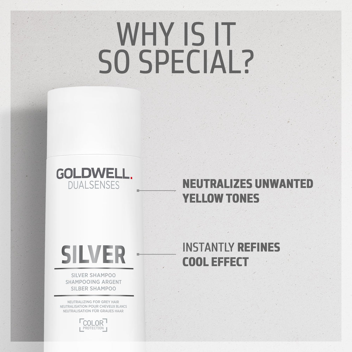 Goldwell Dualsenses Silver Shampoo label on bottle highlights care benefits