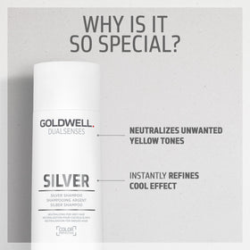 Goldwell Dualsenses Silver Shampoo label on bottle highlights care benefits