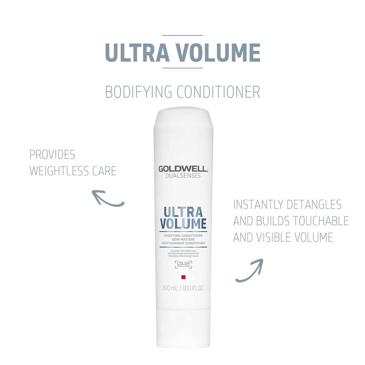 Goldwell Dualsenses Ultra Volume Bodifying Conditioner label emphasizes color protection feature