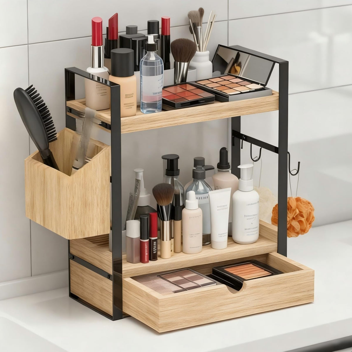 Goliross 2-tier organizer showing a pull-out drawer for discreet storage.