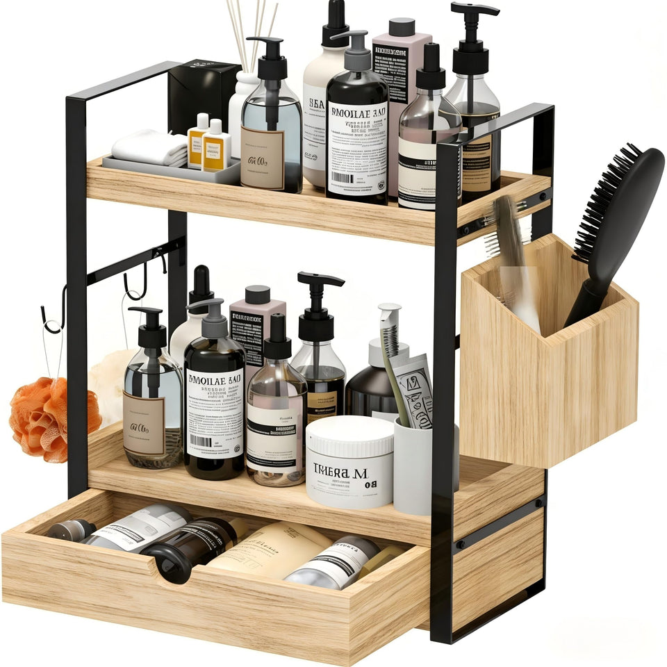 Goliross 2-tier bathroom counter organizer with side basket for clutter-free vanity.