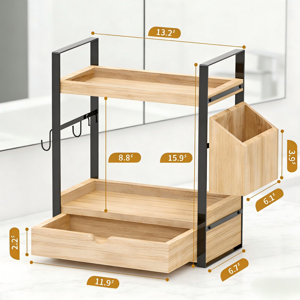 Goliross versatile organizer fits kitchen and vanity for practical organization.