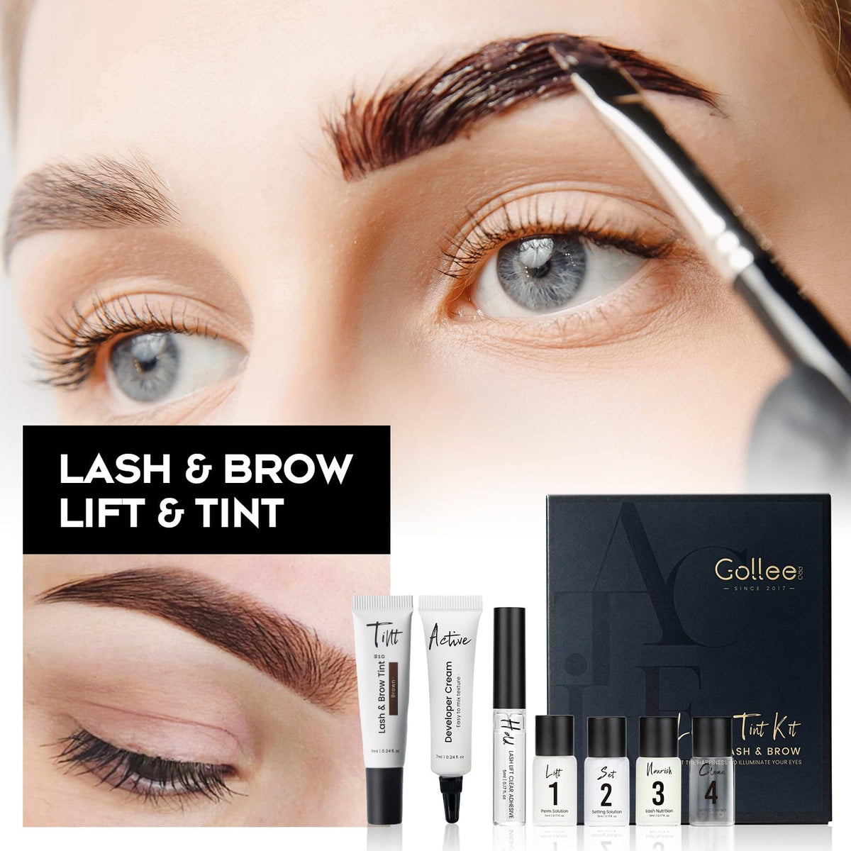 Gollee lash lift tools and brushes arranged for easy use