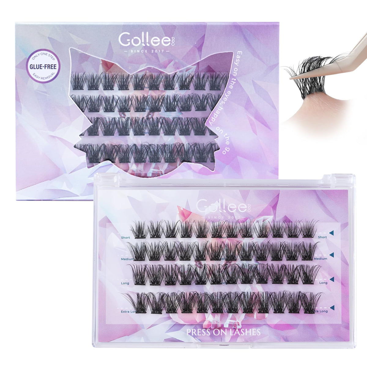 Gollee self-adhesive eyelashes application close-up for quick, glue-free fit.