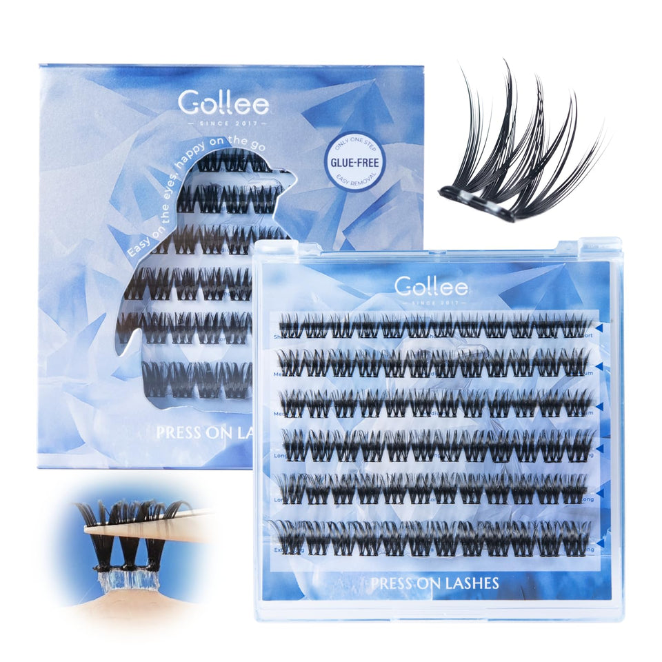 GOLLEE self-adhesive lash clusters packaging shows quick, glue-free glam
