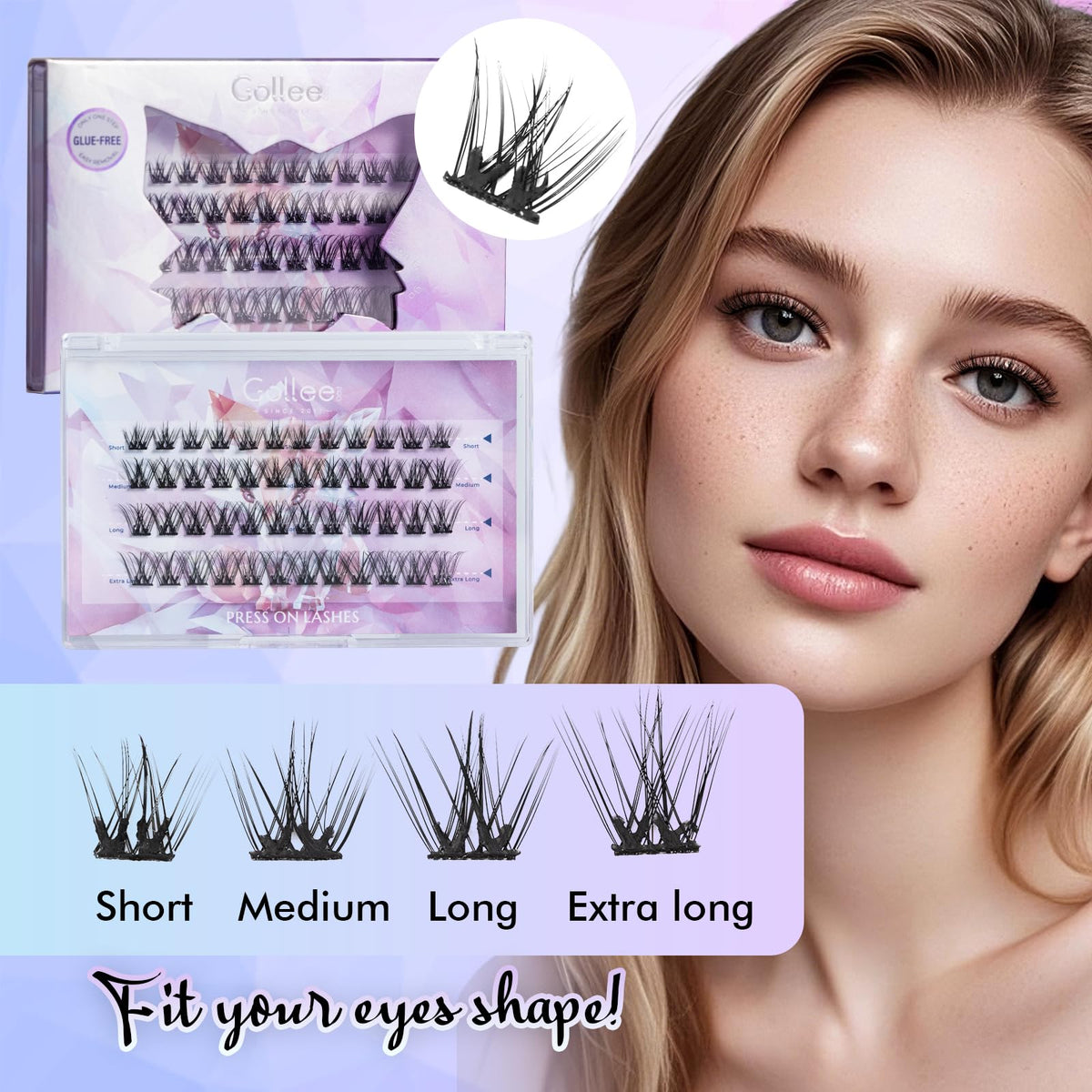 Gollee self-adhesive eyelashes packaging highlights ready-to-use clusters