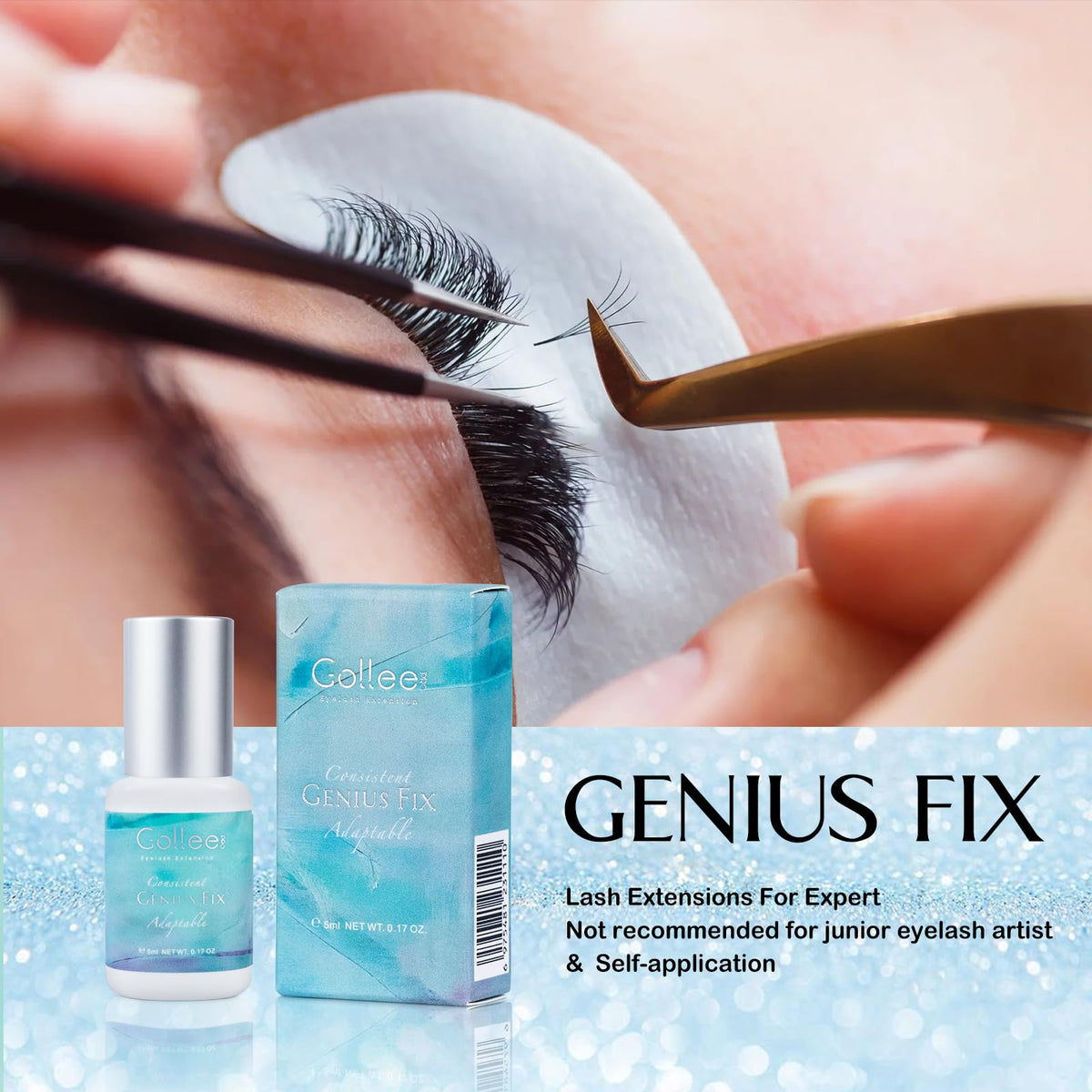 GOLLEEPRO fast-dry glue closeup highlights quick lash extensions.