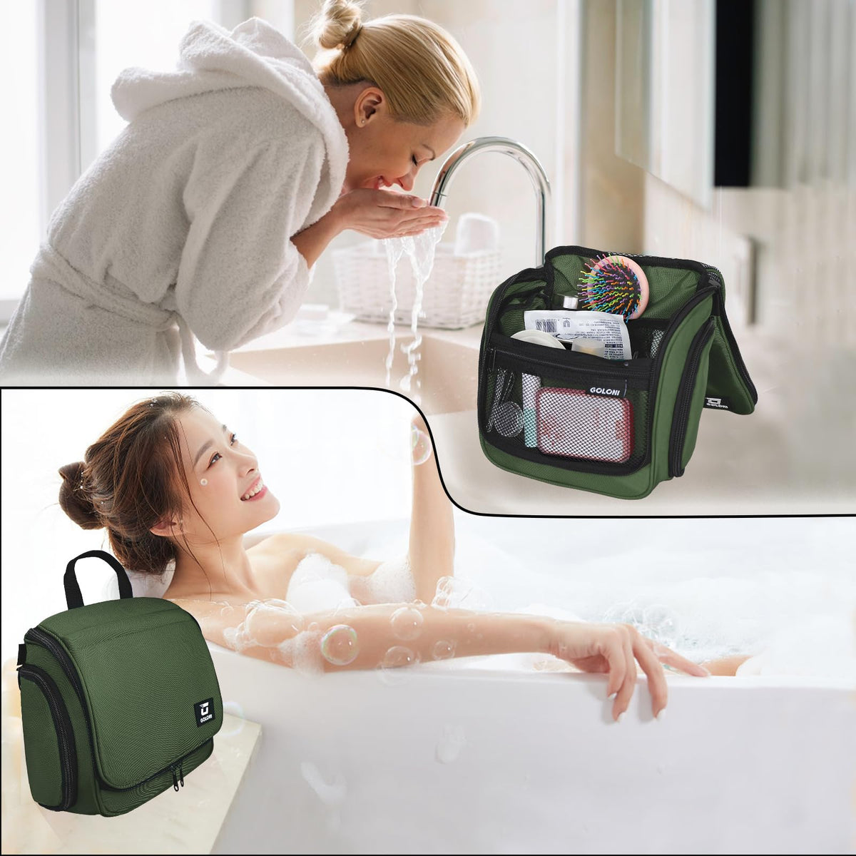 Goloni green travel cosmetic bag shown for versatile use.