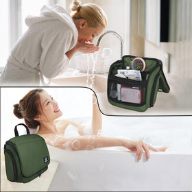 Goloni green travel cosmetic bag shown for versatile use.