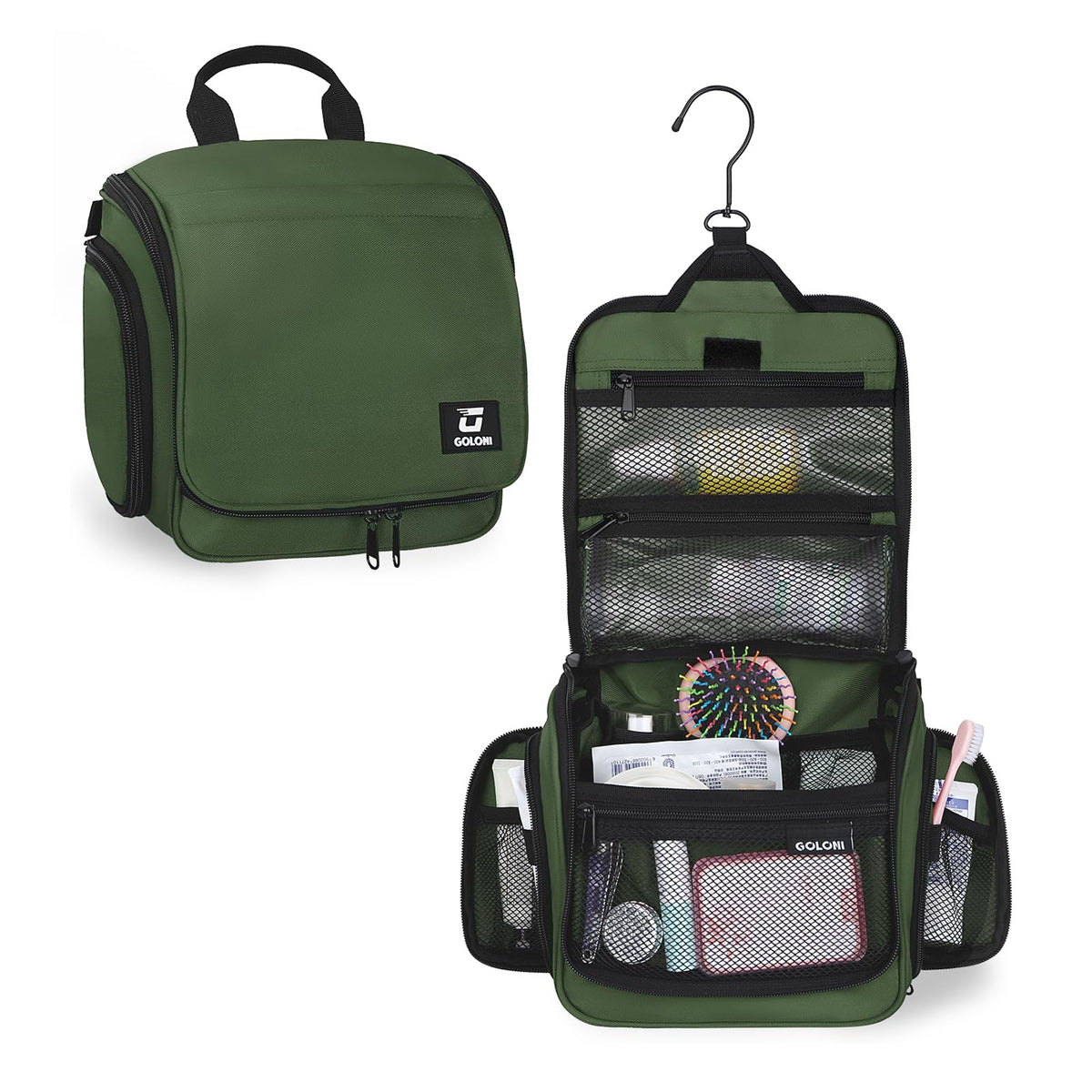 Goloni hanging toiletry bag with ten compartments for organized travel essentials.