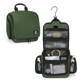 Goloni hanging toiletry bag with ten compartments for organized travel essentials.