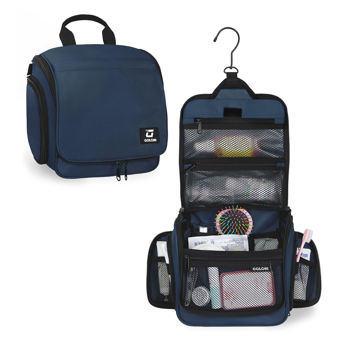 Goloni hanging toiletry bag with a 360-degree hook for easy access in bathrooms
