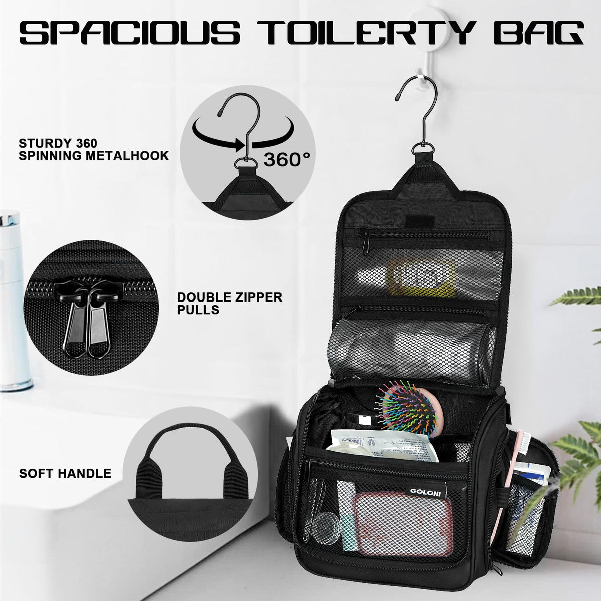Goloni large capacity organizer fits full-size toiletries without bulk