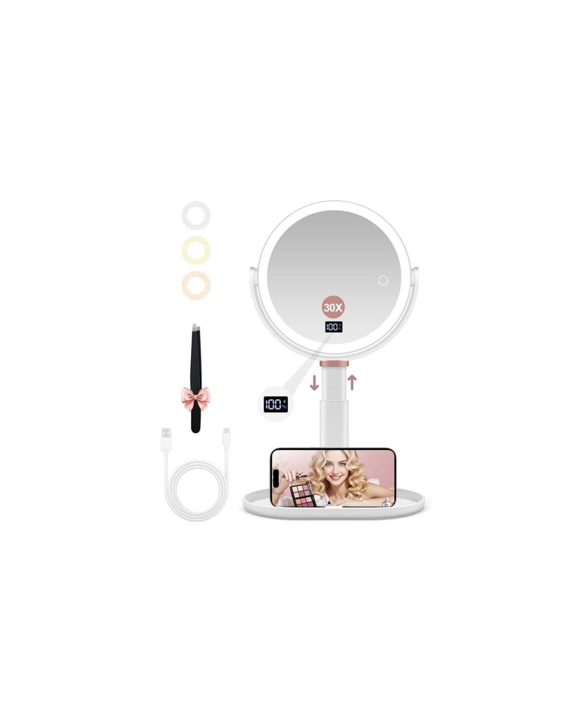 GOMIPURU two-sided magnifying mirror with light provides 30x detail for precise makeup.
