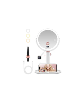 GOMIPURU two-sided magnifying mirror with light provides 30x detail for precise makeup.