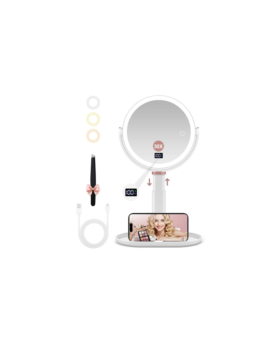 GOMIPURU two-sided magnifying mirror with light provides 30x detail for precise makeup.