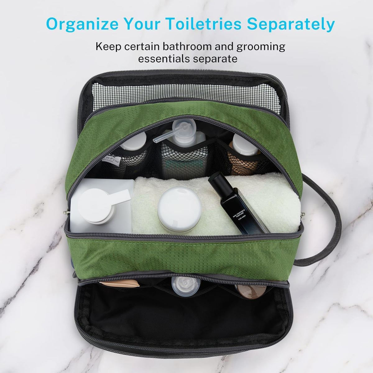 Gonex toiletry bag side zippered pocket for small items.