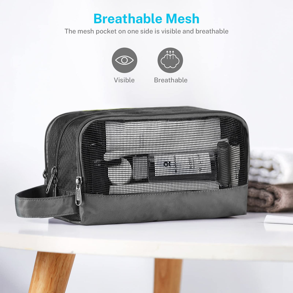 Gonex gray shaving bag front zip pocket provides extra storage on trips.