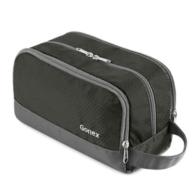 Gonex travel toiletry bag in gray showing the main compartment for large bottles.