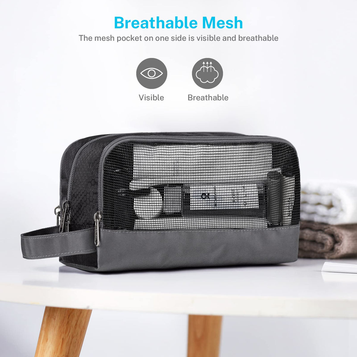 Gonex nylon mesh pouch shows small-item organization for cosmetics and toiletries.