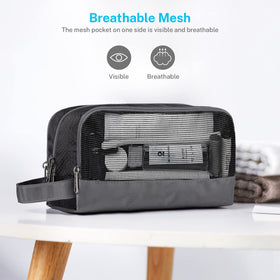 Gonex nylon mesh pouch shows small-item organization for cosmetics and toiletries.