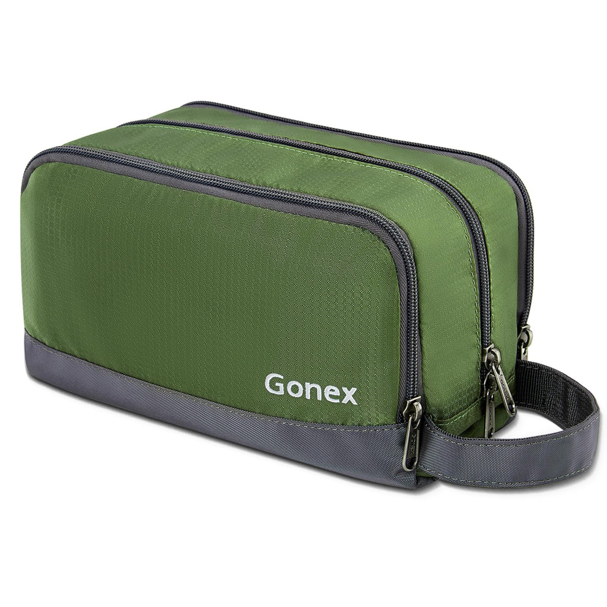 Gonex travel toiletry bag in olive green with organized storage.