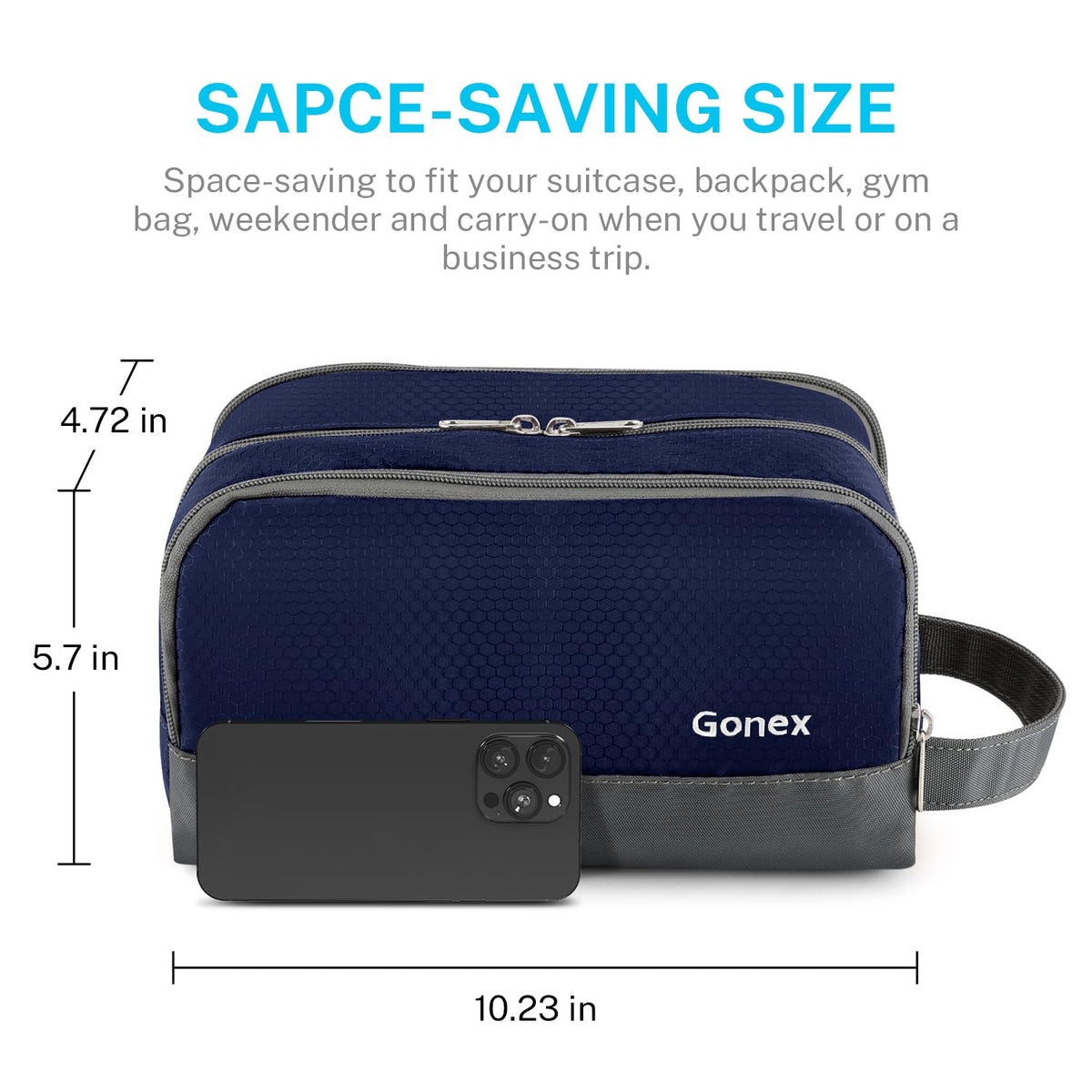 Gonex travel toiletry bag side handle for easy carrying during travel.