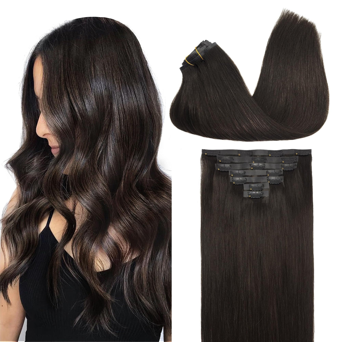 GOO GOO clip-in extensions in 20-inch length for natural-looking volume.