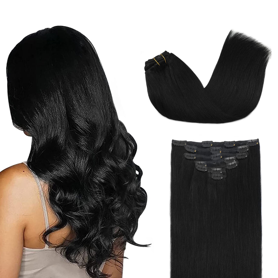 GOO GOO jet black clip-in extensions for instant length and fullness.