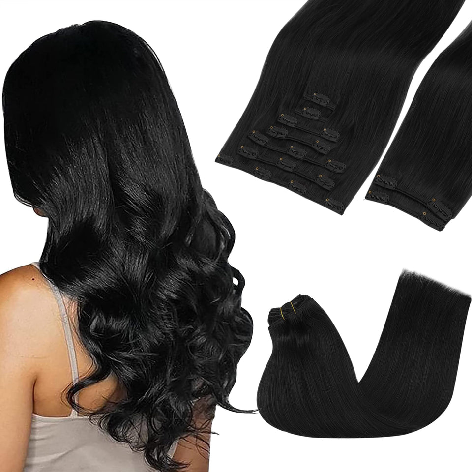 GOO GOO clip-in hair extensions jet-black close-up for seamless blend