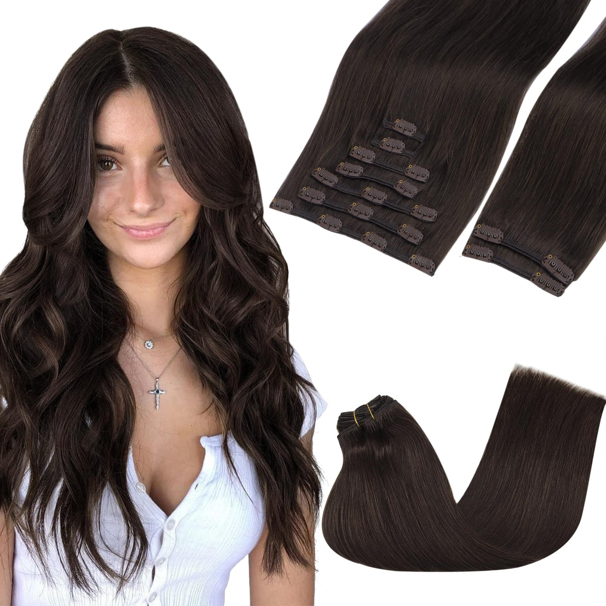 GOO GOO clip-in extensions on model for seamless blend and natural length.