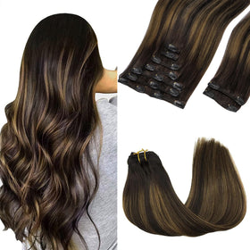 GOO GOO clip-in extensions with real human hair for natural 18-inch length.